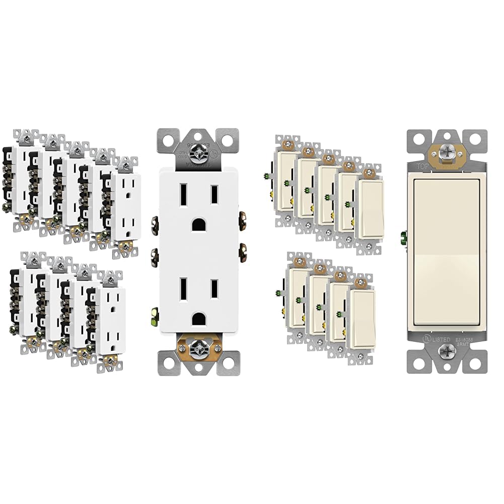 ENERLITES Decorator Outlet 15A 125V 5-15R White 10 Pack No Plate & 3-Way Decorator Switch 15A 120V/277V Light Almond 10 Pack