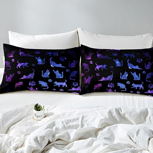 Miniatura 5 de Erosebridal Juego de funda de edredón de gatos, tamaño Queen, para niños, gatos, silueta de dibujos animados, morado, azul, reversible, negro,