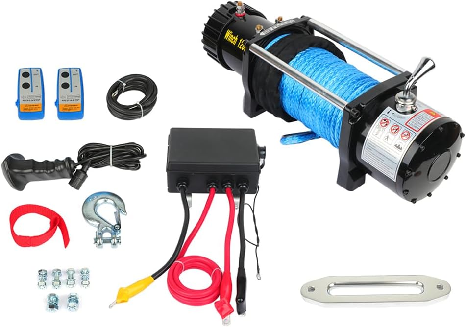 SCITOO 12V Electric Towing Winch 12000lb for ATV/UTV Synthetic Rope IP67 Waterproof Winchs Kits Off Road with wireless/wired Controller, Hawse Fairlead, Mounting Plate