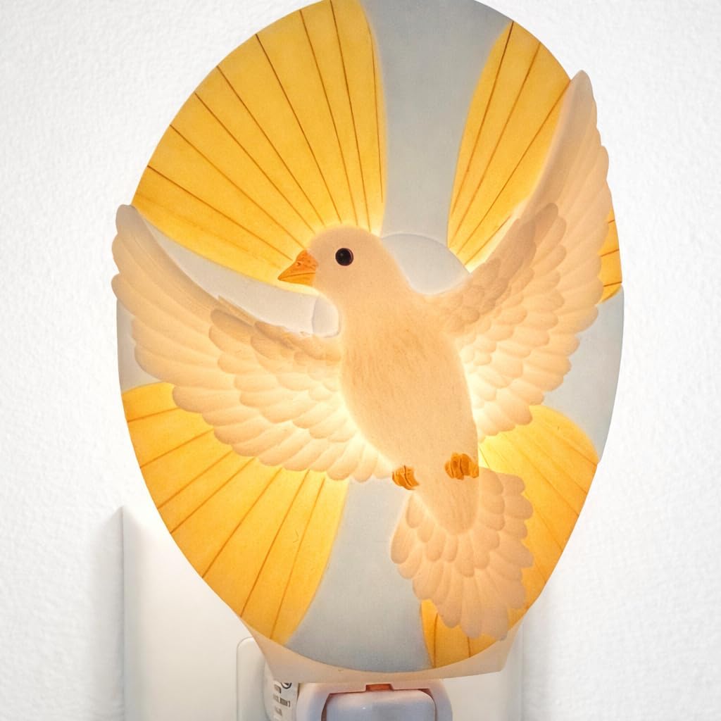 Holy Spirit Dove Night Light, Hand-Painted Bonded Marble, Plug-in Wall Lamp with UL Base, Religious Christian Decor, White, 4.5 x 3.5 x 6 Inches from SassyXpressions