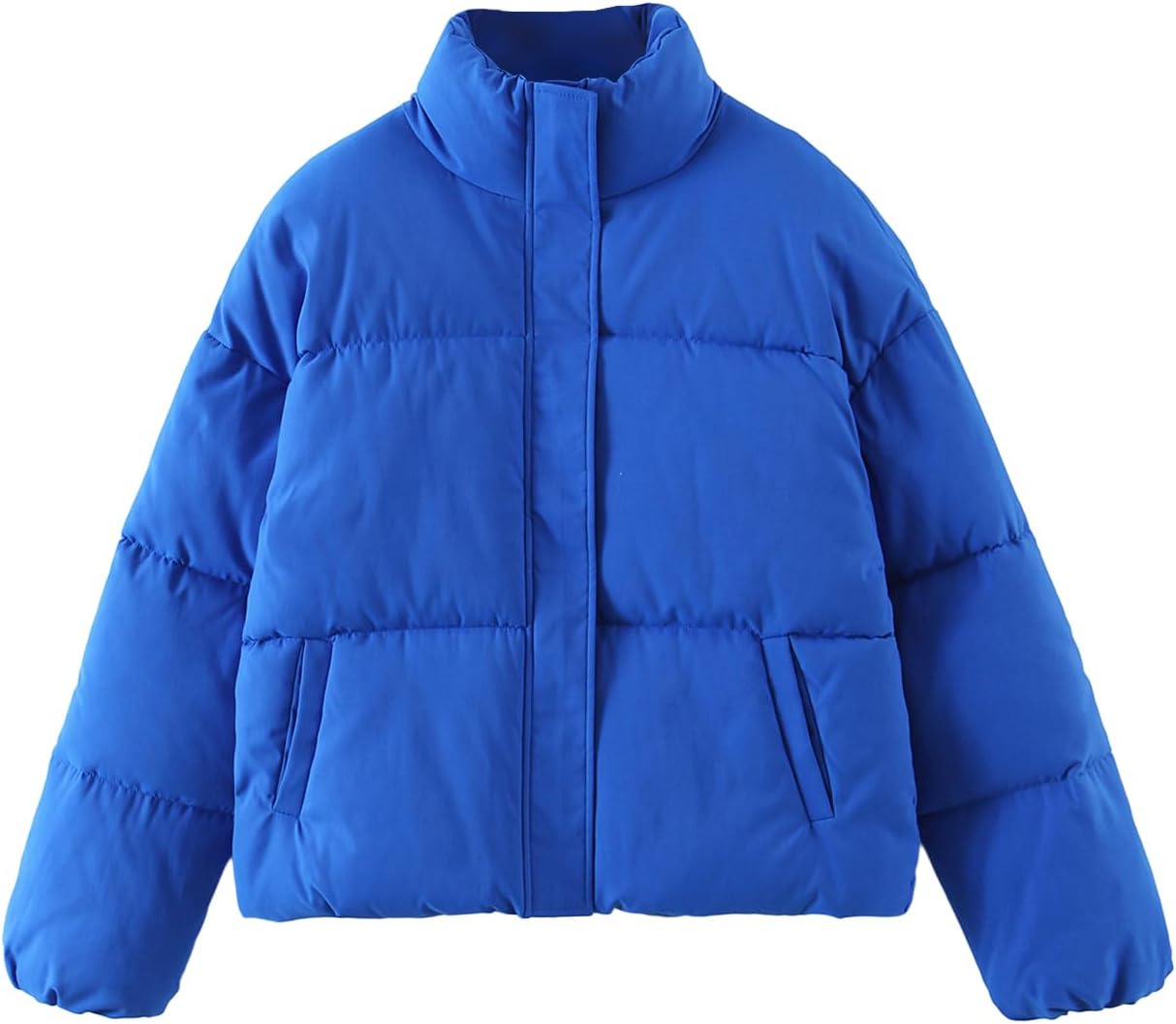 Wyeysyt Women's Winter Cropped Puffer Quilted Jacket Long Sleeve Zip Warm Short Coats Stand Collar Jacket with Pockets