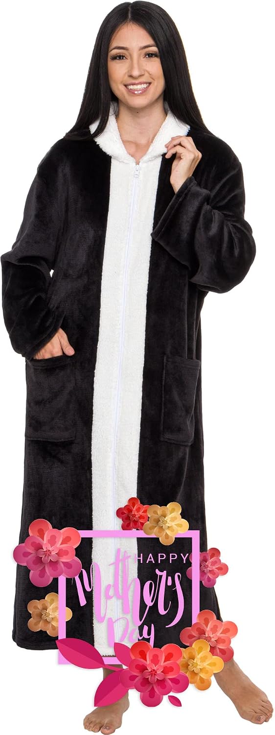 Silver Lilly Womens Sherpa Trim Fleece Robe Zip Up - Luxury Long House Coat