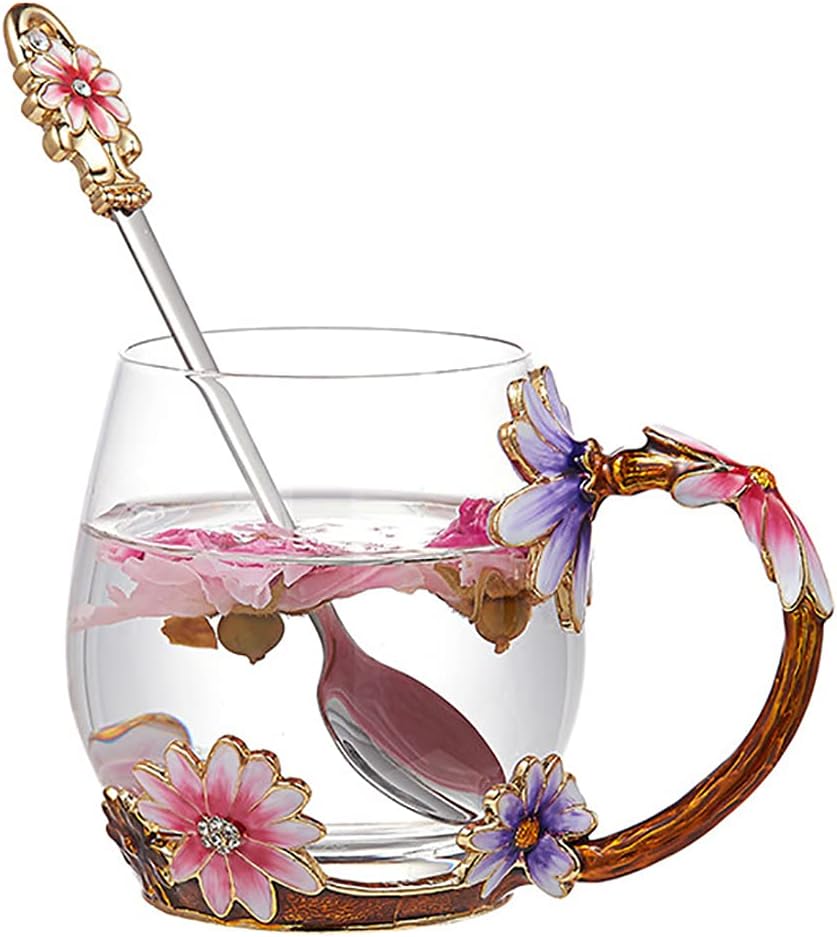 evecasedaisy Flower Glass Mugs Tea Cup with Steel Spoon,Tea Lovers Gifts for Women,Wife,Mom,Female,Friends,Birthday,Mothers Day, valentines day,Christmas