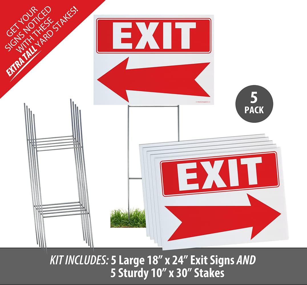 Exit Arrow Yard Sign Complete Kit Includes 5 Signs & 5 Sturdy Sign Stakes - Durable Outdoor Double Sided 18x24 Arrow Signs with Extra Tall 10x30 Stakes (5 Pack, Exit)