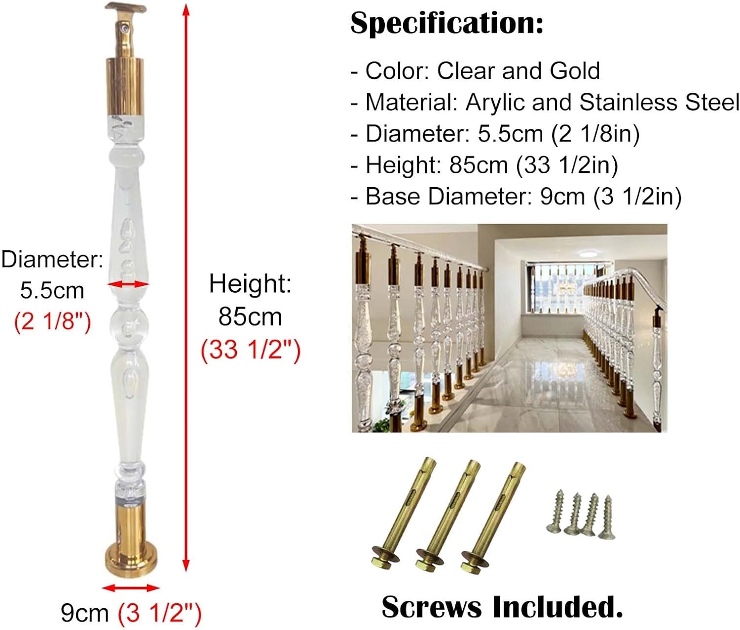 Gold Acrylic Stair Handrails with Adjustable Armrest Bracket - Decorative Spindles Baluster Posts for Indoor Staircase (1 Pack 85cm/33.5") - Stylish & Durable