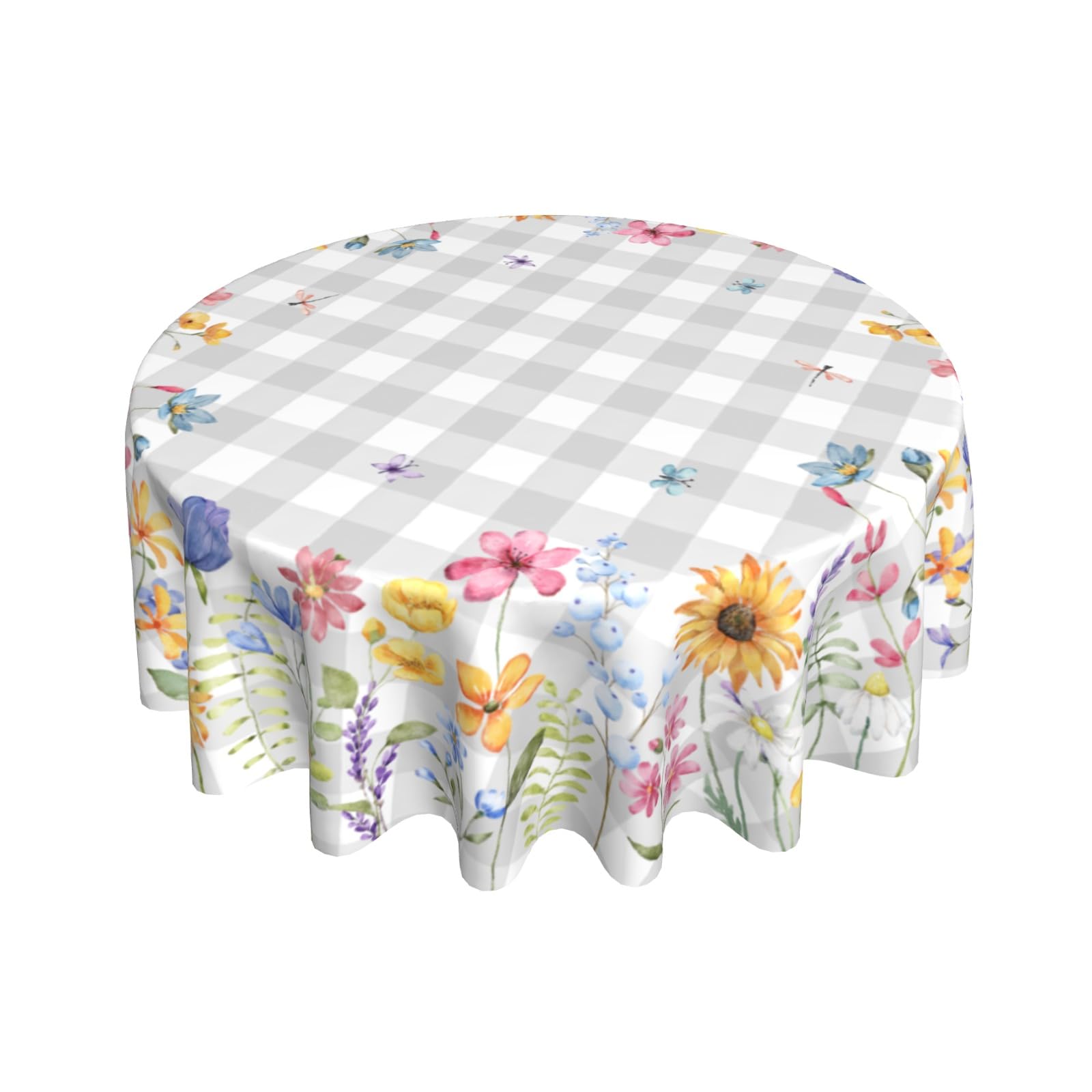 Giwawa Spring Floral Tablecloth Round 60 Inch Watercolor Summer Flower Table Cover with Grey Buffalo Plaids Wildflower Butterfly Table Cloth Polyester Heat Resistance for Kitchen Dining Camping Decor