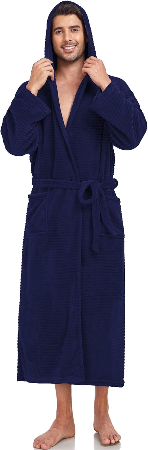 VintageClothing Mens Hooded Robe Plush Fleece, Soft Fluffy House Coat Lounge Robe Full Length Bathrobes with Pockets