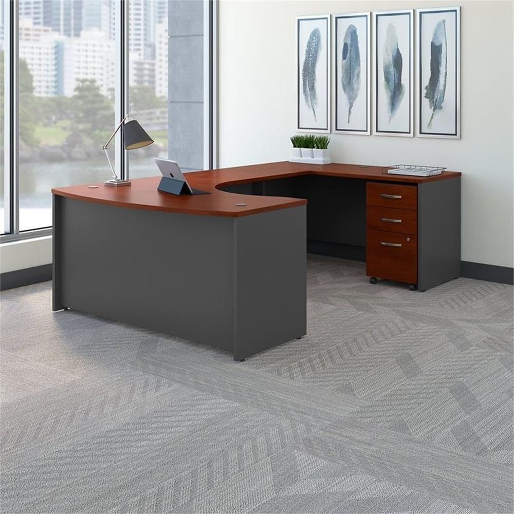 Series C Right Hand Bow U-Shaped Desk with Mobile File Cabinet Hansen Cherry Gra