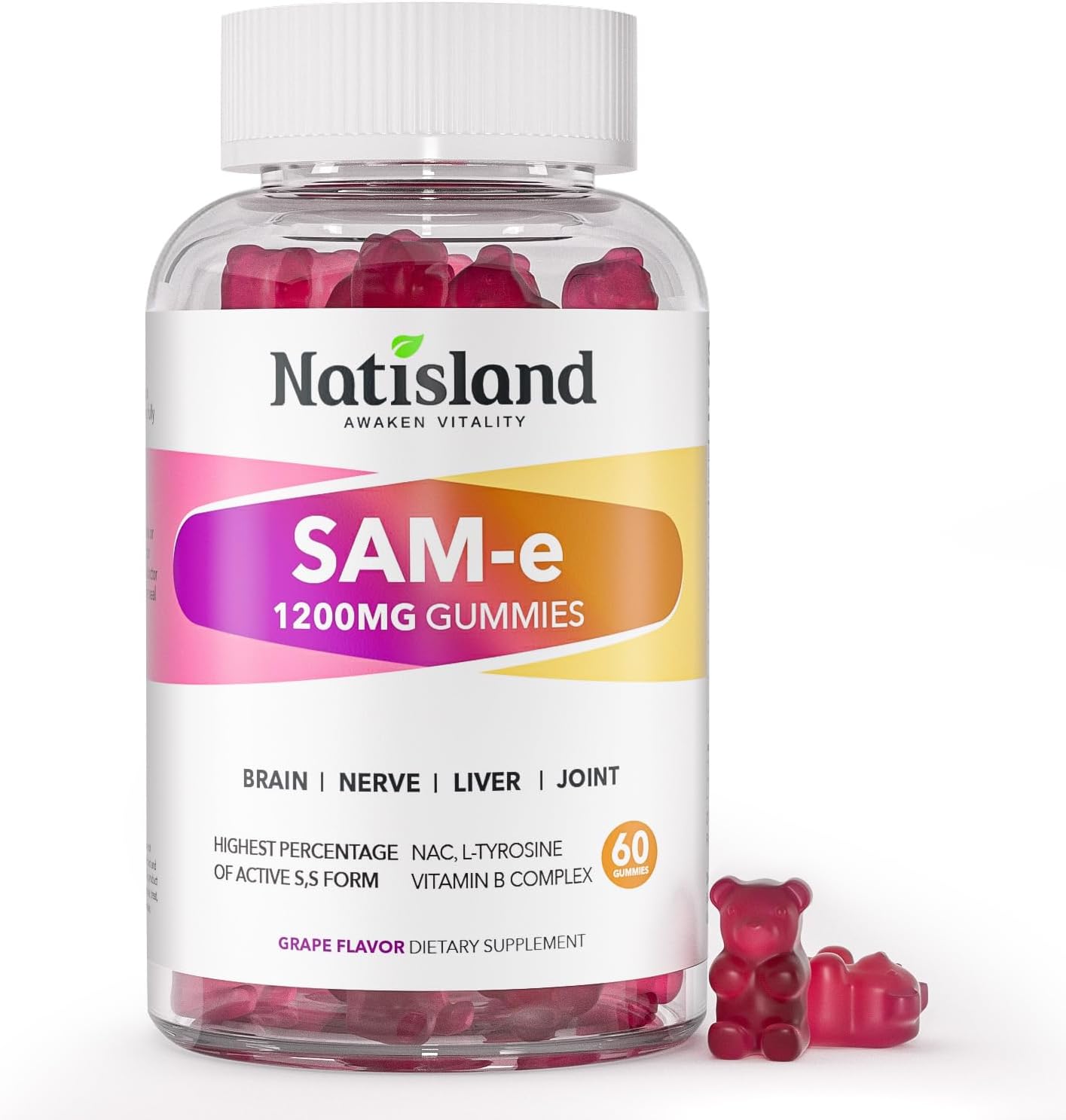SAM-e with L-Tyrosine Gummies, Methylated Vitamin B-Complex & NAC, 1200mg SAM e Supplement, Methyl Folate and B12, for Stress Relief & Brain Support, Liver & Joint Health, Gluten-Free, Vegan, 60 Ct