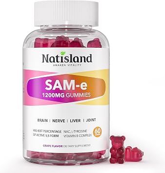 SAM-e with L-Tyrosine Gummies, Methylated Vitamin B-Complex & NAC, 1200mg SAM e Supplement, Methyl Folate and B12, for Stress Relief & Brain Support, Liver & Joint Health, Gluten-Free, Vegan, 60 Ct