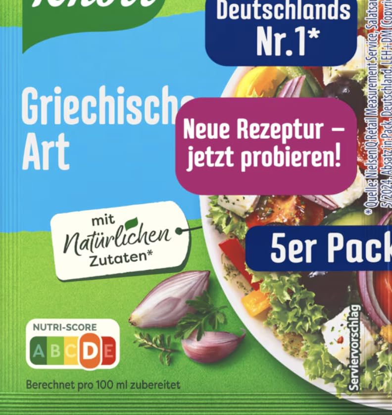 Griechische Art Salat-krönung - Preparación para aliño de especias alemanas al estilo griego 5 bolsitas de té - ensalada lista al instante - compatible con Knorr - 45g