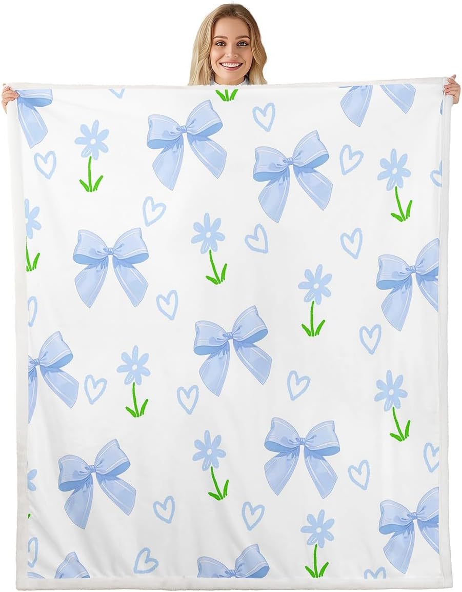 Feelyou Girls Blue Flower Bowknot Fleece Throw Blanket,Love Bow Print Sherpa Blanket,Girls Room Decor,Princess Bow Plush Blanket,Bow Tie Fuzzy Blanket for Sofa Bed Couch 90"x90"