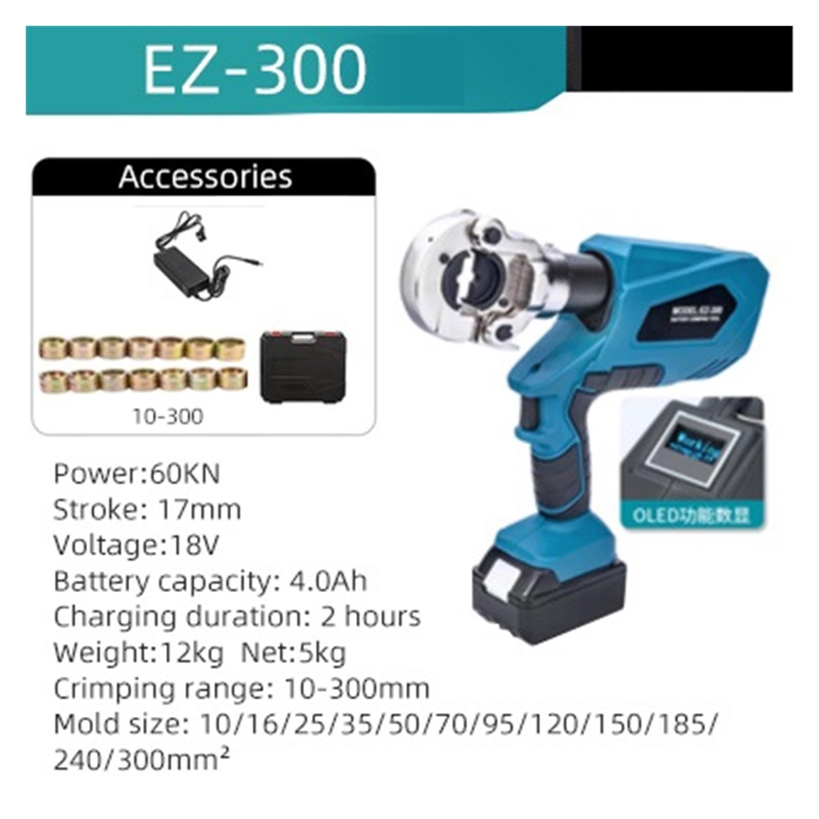 Alicates hidráulicos eléctricos EZ-300/EZ-400, Cable recargable, alicates de prensado terminales cobre y aluminio, batería litio 18V para piedras preciosas