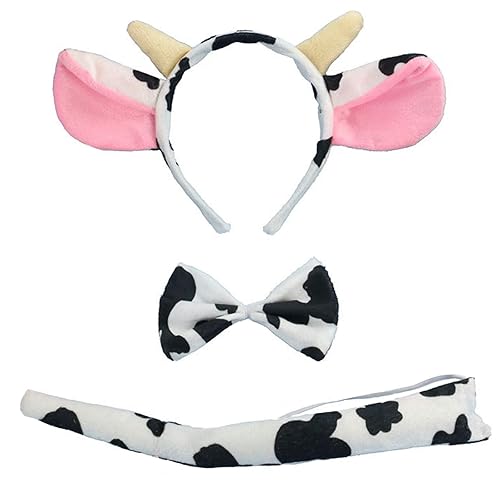Halloween Cow Headband Bow Tie Tail Milk Cow Hair Bands Headpiece Women Cow Ears Horns Hairband Hair Hoop Holiday Party Decoration Cosplay Costume Christmas Carnival Handmade Hair Accessories 1 Set