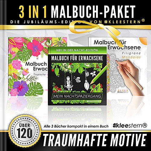 Preisvergleich Produktbild 3 IN 1: Malbuch für Erwachsene (120 Motive - Nachtspaziergang, Tropische Vögel, Mandalas)