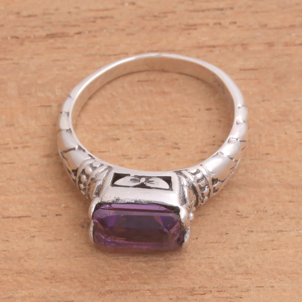 NOVICA Artisan Handmade Amethyst Single Stone Ring Faceted Purple from Bali .925 Sterling Silver Cocktail Indonesia Leaf Tree Floral Birthstone 'Padang Galak Beauty'
