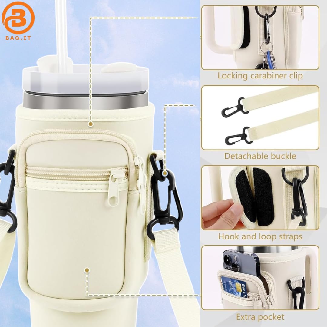 Tumbler Cup Bag, Accessories Holder with Adjustable Strap & Phone Pocket for Bottles, Beige, 7.87 x 5.91 x 0.79 inches - Image 3