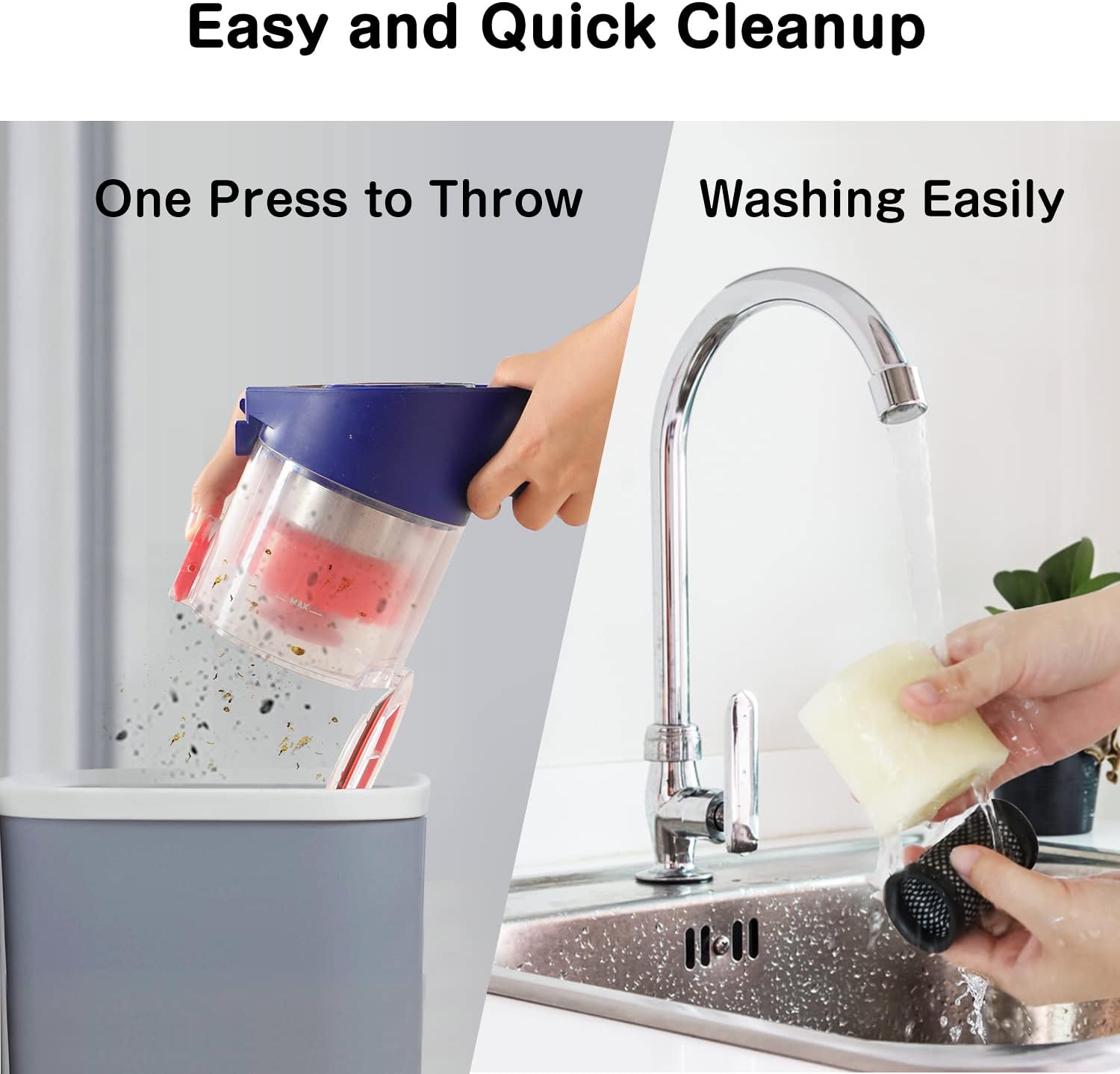 Image showing the dustbin being emptied into a trash can with a single press, and filters being washed under running water.