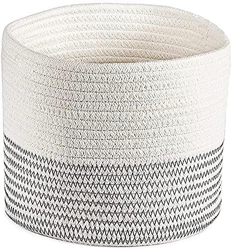 ElfRoutes Small Storage Basket (20x15 cm) - Cute Cotton Rope Basket - Woven Storage Basket - Small Basket with Handle - Small Basket for Shelves - Small White Basket with Black Stitches
