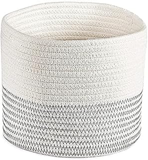 ElfRoutes Small Storage Basket (20x15 cm) - Cute Cotton Rope Basket - Woven Storage Basket - Small Basket with Handle - Small Basket for Shelves - Small White Basket with Black Stitches