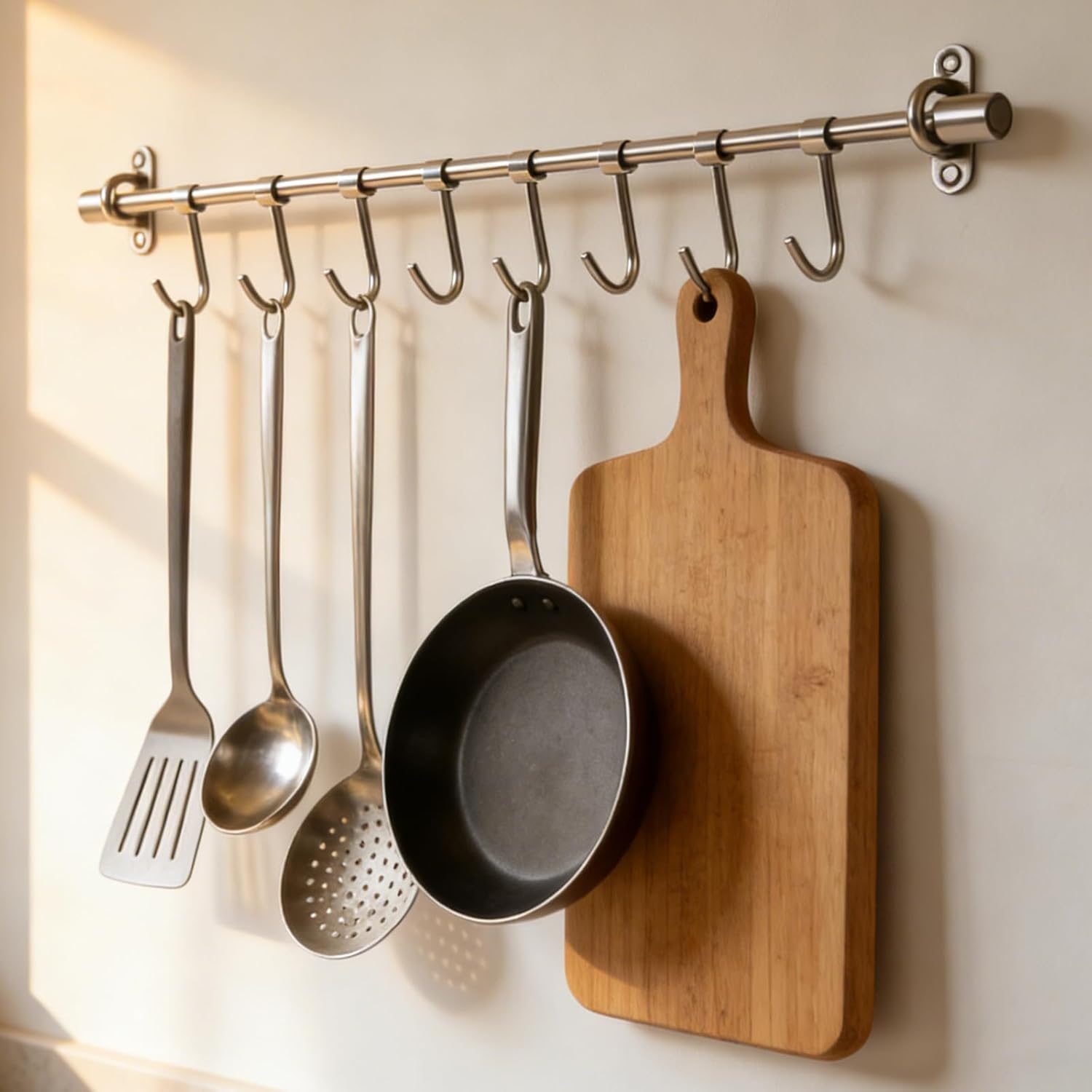 20" Kitchen Utensil Rack with Adjustable Holes - 8 Sliding Hooks 304 Stainless Steel, Pots and Pans Hanging Rack Wall Mounted 2 Packs