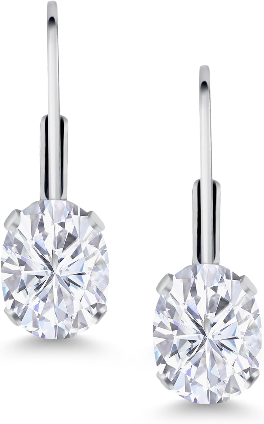 Gem Stone King White Moissanite Rhodium Plated Leverback Earrings For Women (1.80 Cttw, Gemstone Birthstone, Oval 7X5MM)