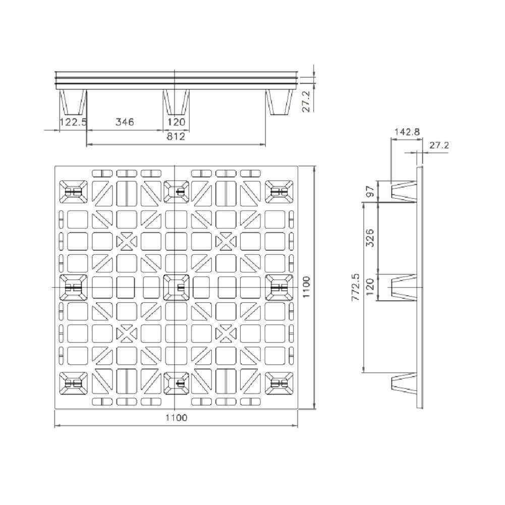 Pallet in plastica riciclata (PP), Mis. 1100 L x 1100 P x 143 H mm, con 9 piedi, piano forato, portata statica 1300 Kg, portata dinamica 800 Kg