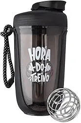 Coqueteleira Shakeira Whey para Academia e Treino com Misturador e Alça Esfera Mola Frase Hora do Treino 550 Ml (Preto)