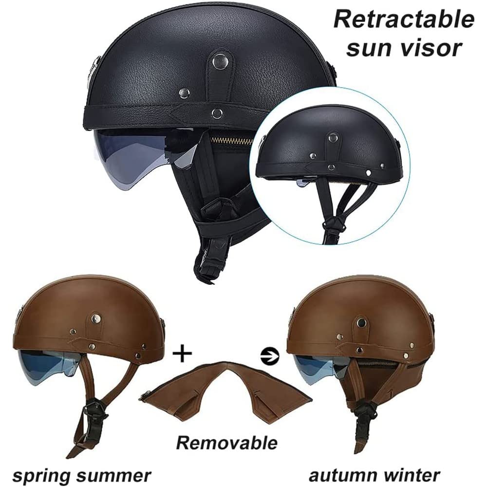 Casco De Motocicleta Retro, Medio Casco,Certificación Dot/ECE, Gafas De Sol Integradas,Material ABS Y Cuero PU,Orejeras Extraíbles, Forro Transpirable,Con Gafas C,M