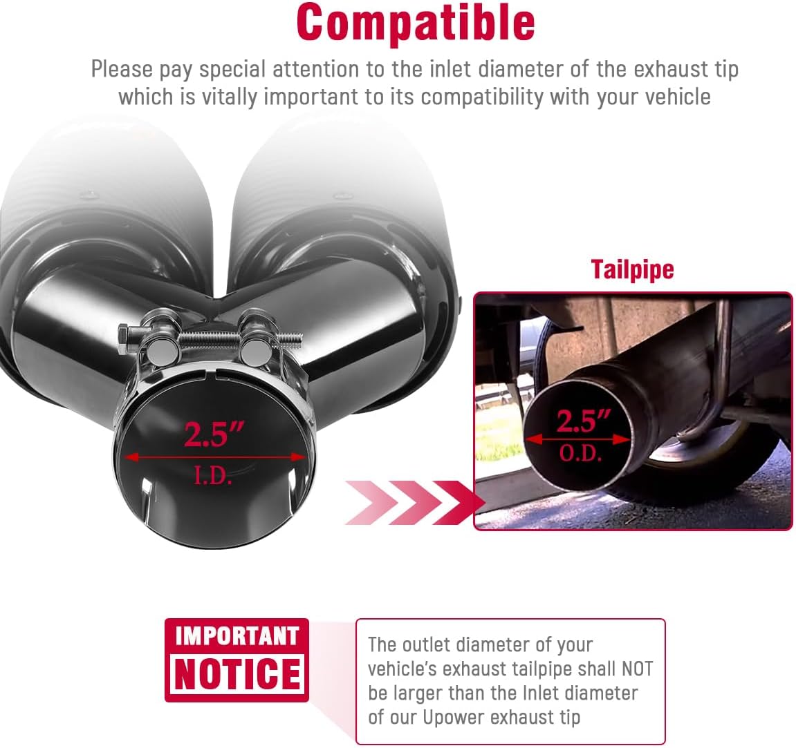 Upower Pack of 2 Carbon Fiber Exhaust Tip Tailpipe 2.5 Inch Inlet 3.5" outlet 9.8" Length Stainless Steel Exhaust Muffler Tip for Car Truck