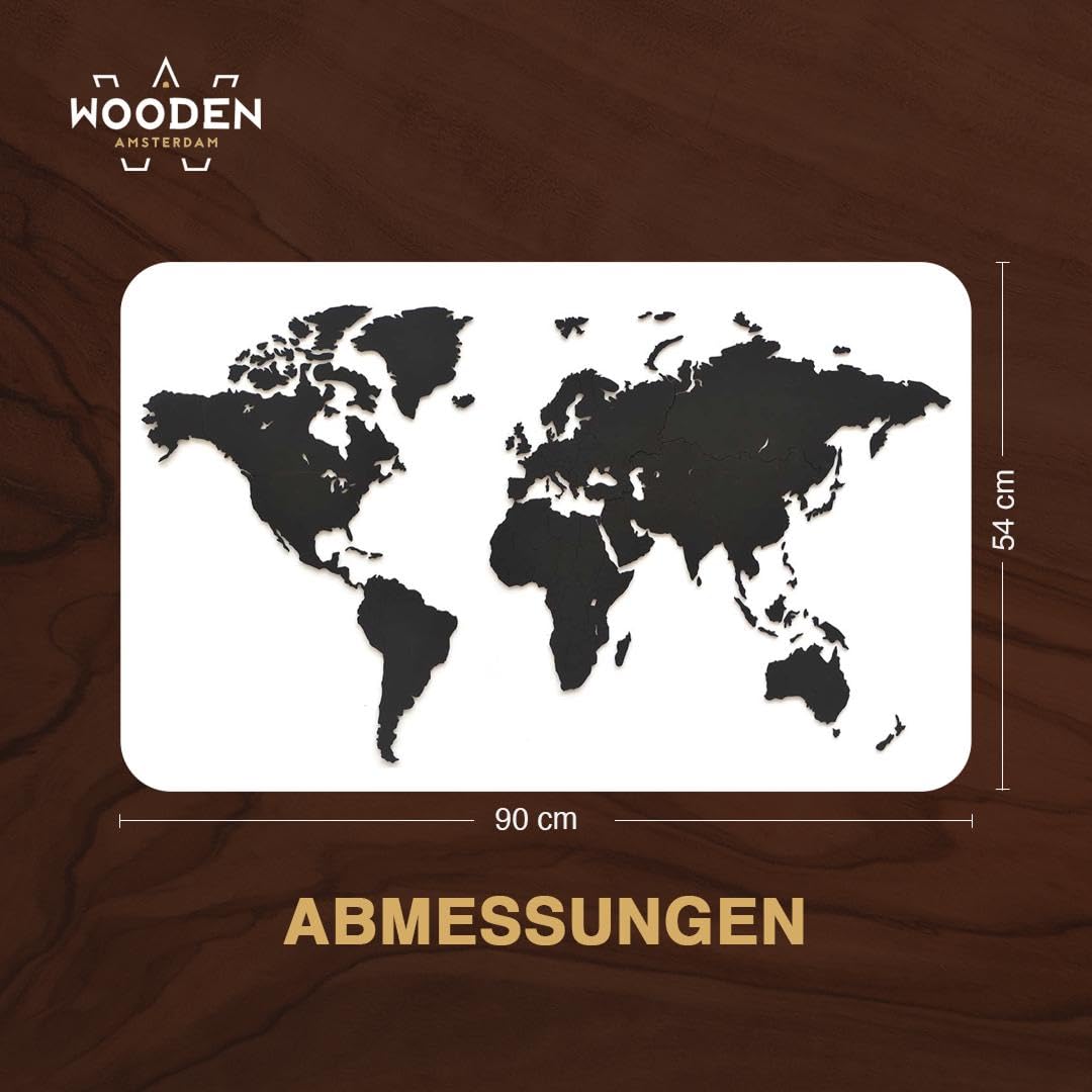 Weltkarte Holz DIY Schwarz | 90 x 54 cm Wanddeko aus FSC-zertifiziertem HDF | 48 Pins & 25 Inseln zur Personalisierung | Weltkarte zum Pinnen Geschenkidee