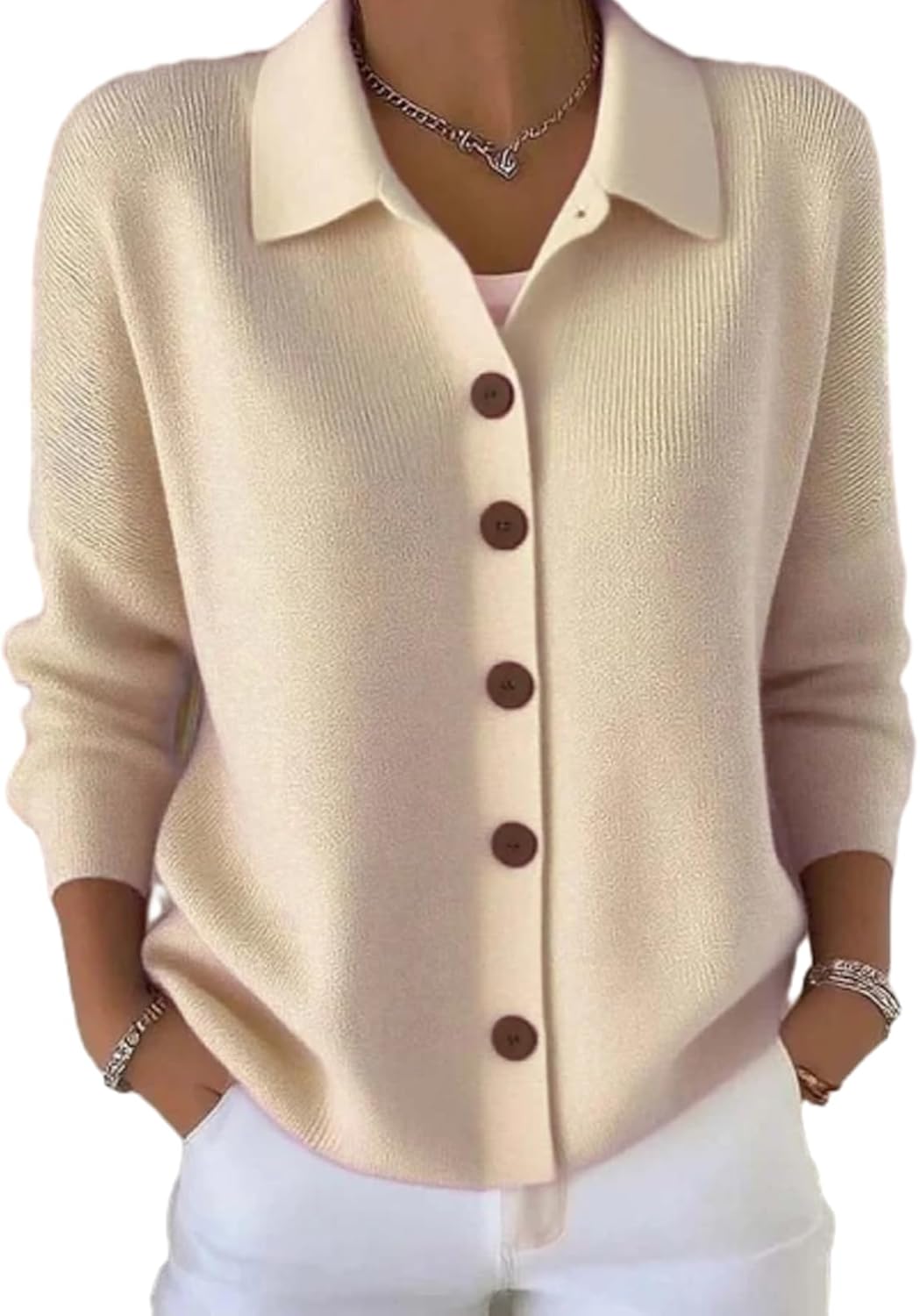 Women Cotton Plain Long Sleeve Comfy Casual Cardigan, Button-Down Knit Collar Sweater for Women