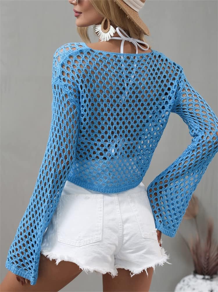 KEOMUD Women Mesh Crochet Crop Top Long Sleeve Hollow Out Knit Sweater Bikini Beach See Through Cover Ups - Image 2