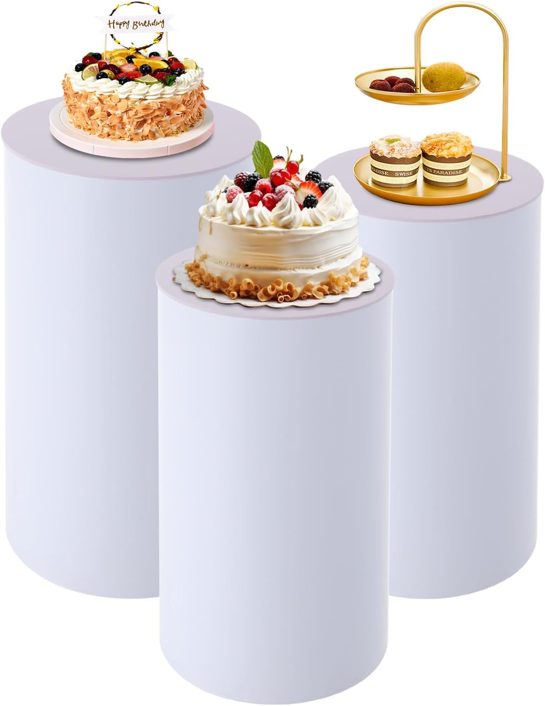 OUKANING 3 Pcs White Cylindrical Display Pedestal Stands, PVC&Acrylic Wedding Round Cylinders, Decorations Pillars Sculpture Display Columns for Store, Birthday, Party, H23.62'', 21.65'', 19.69''