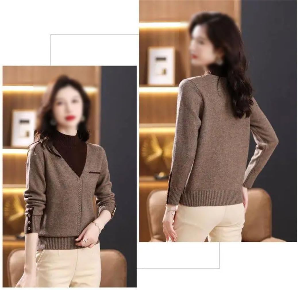 Women's Vintage Splicing Sweaters Winter Streetwear Fashion Mock Neck Long Sleeve Slim Knitted Pullovers