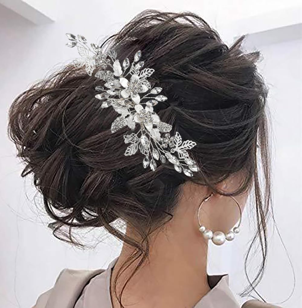 Silver Bride Wedding Hair Comb Bridal Hair Side Combs Crystal Rhinestones Bridal Decorative Combs Hairpins Clip Flower Leaf Bridal Headpieces Hairpiece Hair Accessories for Women and Girls - Image 3