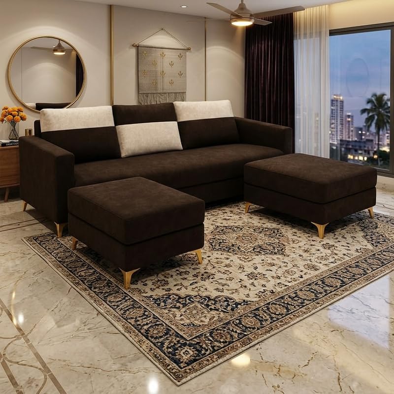 Image of Strikex Dual Tone Plush 5 Seater L Shape Sofa Set with 2 Movable Ottomans| Flexible Layout | Silken Velvet Suede| Golden Metal Legs|for Living Rooms & Office (Cream & Dark Brown)
