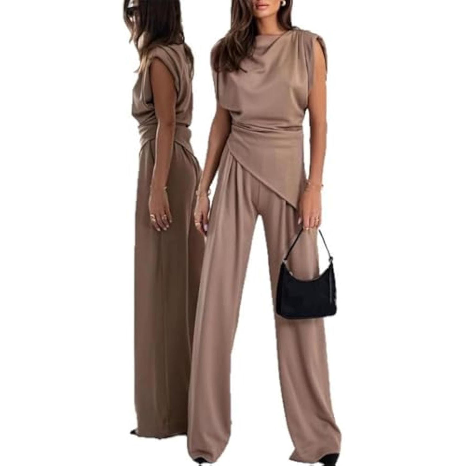 Costume décontracté à col rond et manches plissées pour femme, couleur unie, col ras du cou irrégulier, pantalon large avec poche