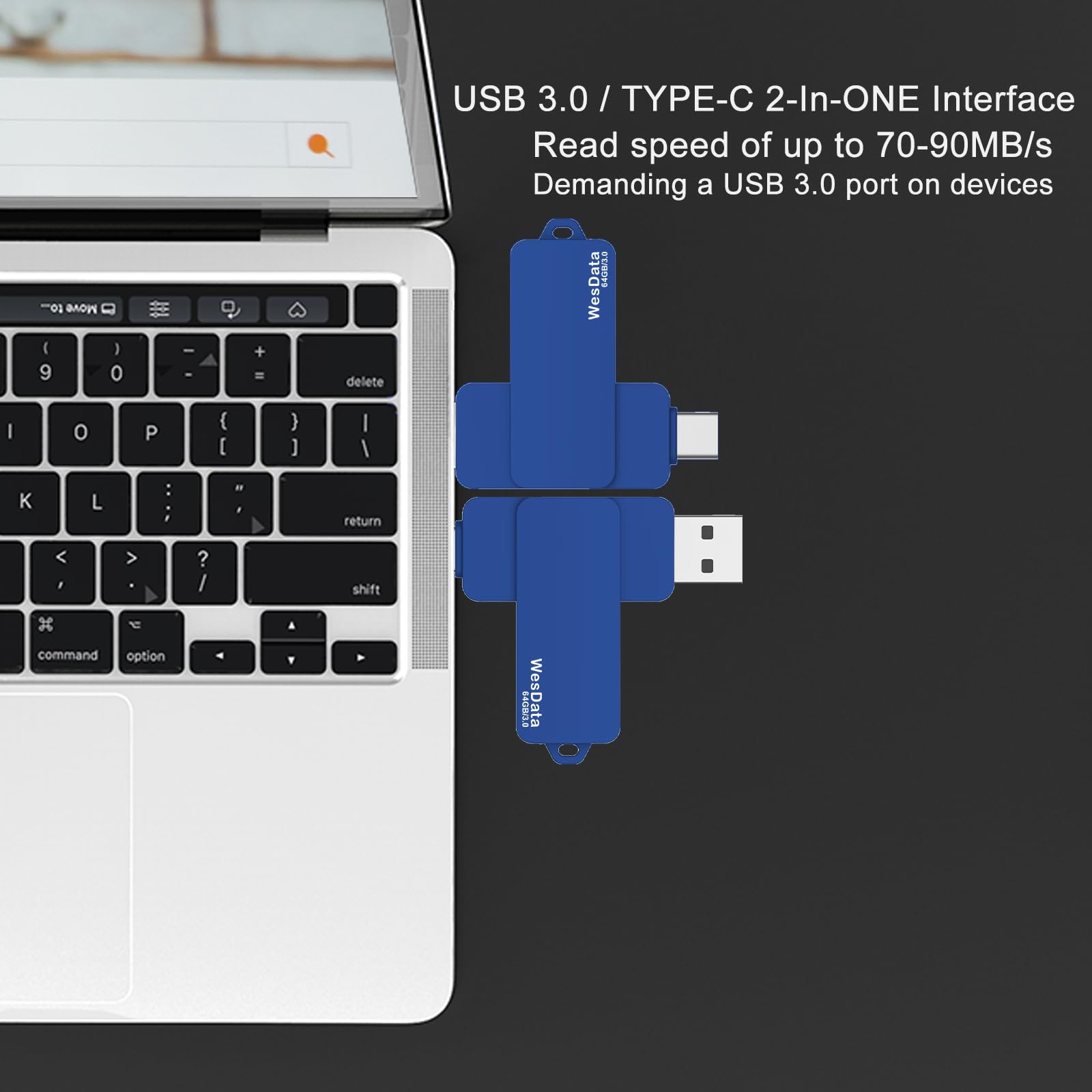 Chiavetta USB C da 64 GB 3.0 con porta di tipo C e tipo A, unità USB C per archiviazione e backup per iPhone 15, telefoni Android con funzione OTG, laptop, MacBook, PC (blu)