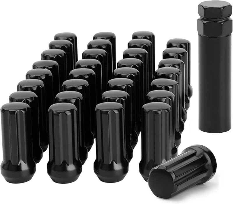 32pcs M14x1.5 Lug Nuts Spline Black, 14x1.5 Aftermarket Wheel Lug Nuts for F150 F250 F350 Silverado Sierra Ram 2500 3500 with 1 Socket Keys Long Extended