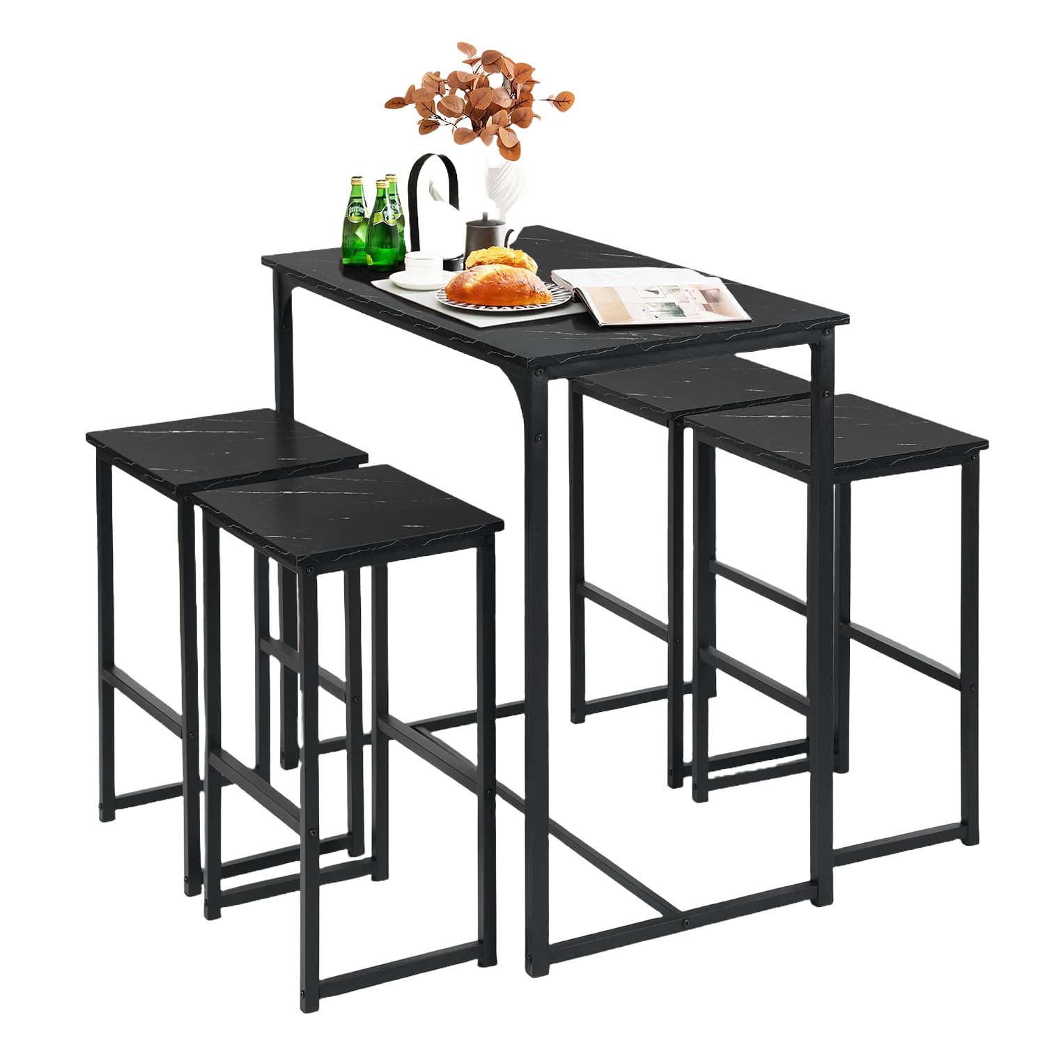 Table de Bar avec 4 Tabourets, Table Haute Cuisine, Table a Manger avec 4 Chaises, Table Haute 100 × 50 × 90 CM, 4 Tabourets 30 × 40 × 65 CM, Noir