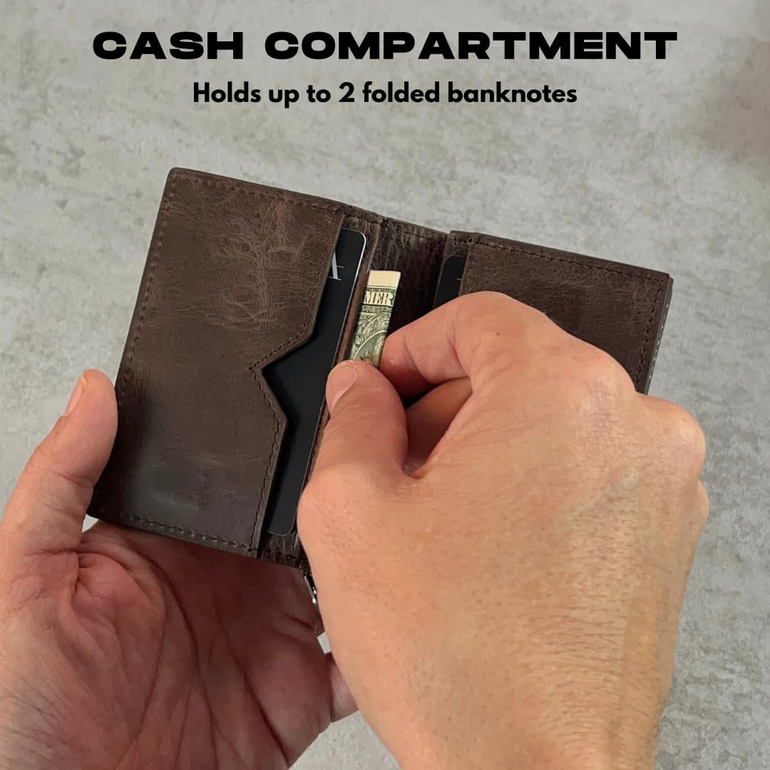 Mens Wallet, Geniune Leather Slim Wallet, RFID Blocking Pop-Up Card Holder, Total 9 Cards Capacity, Cash Slot, Magnetic Closure, Gift Ready