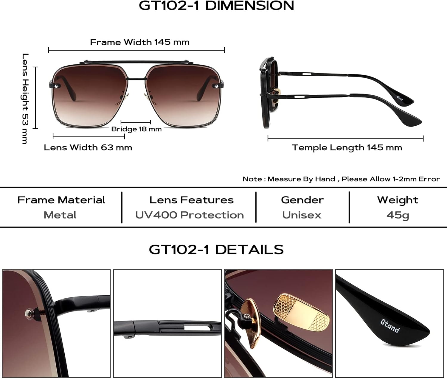 Gtand Fashion Oversized Square Aviator Gradient Sunglasses For Men Women Vintage Metal Sun Glasses 63mm - Image 5