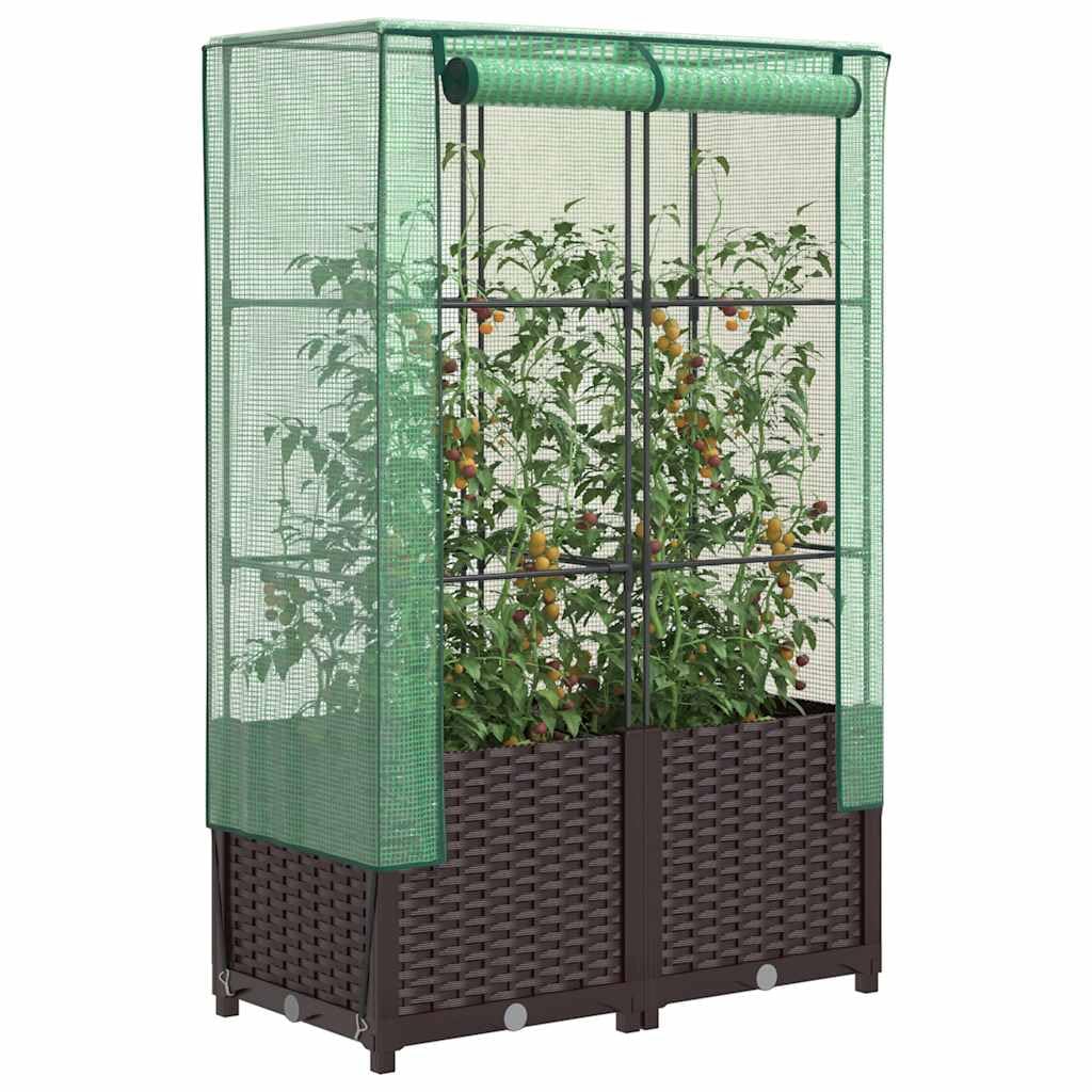 JHQHSM Raised Bed with Greenhouse Cover Rattan Look 80x40x138 cm, Polypropylene Planter Box with Sturdy Iron Frame and Water-Resistant Polyethylene Cover for Plants Vegetables Herbs