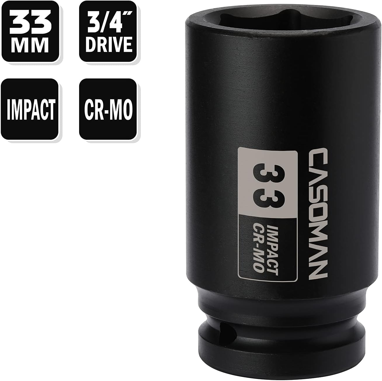 CASOMAN 3/4" Drive x 33 mm Deep 6 PT Impact Socket, CR-MO, 3/4-inch Drive 6 Point Axle Nut Socket for Easy Removal of Axle Shaft Nuts (33MM)
