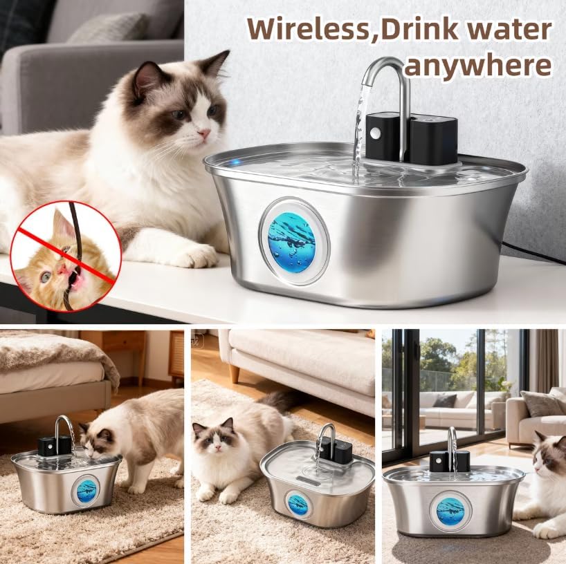 Casfuy PWL-300 Wireless Smart Quiet Stainless Steel Cat Water Fountain, 108-oz