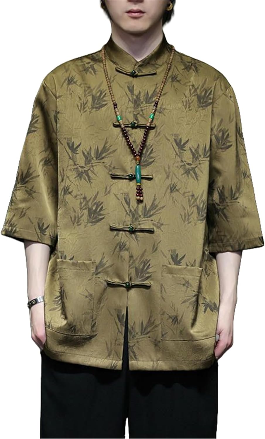 Men's Summer Chinese Style Tang Suit Ice Silk Jacquard Short Sleeve Shirt