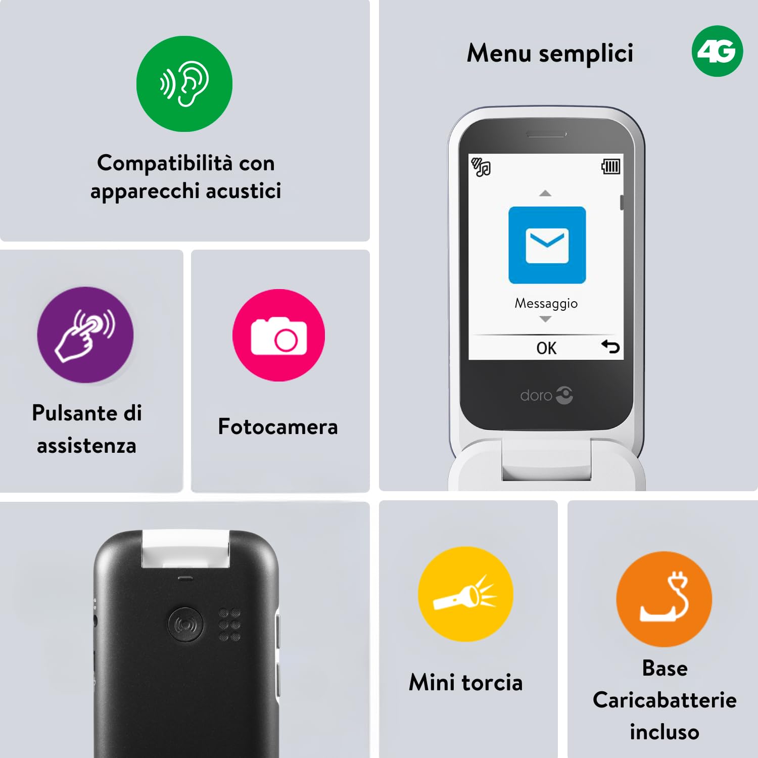 Doro 6820 4G Telefono Cellulare per Anziani - Conchiglia - Sportellino - Mini Telefono - Tasti Numerici Parlanti - Fotocamera - Tasto SOS - Base di Ricarica - Telefonia - Telefonino [Vers. Italiana]