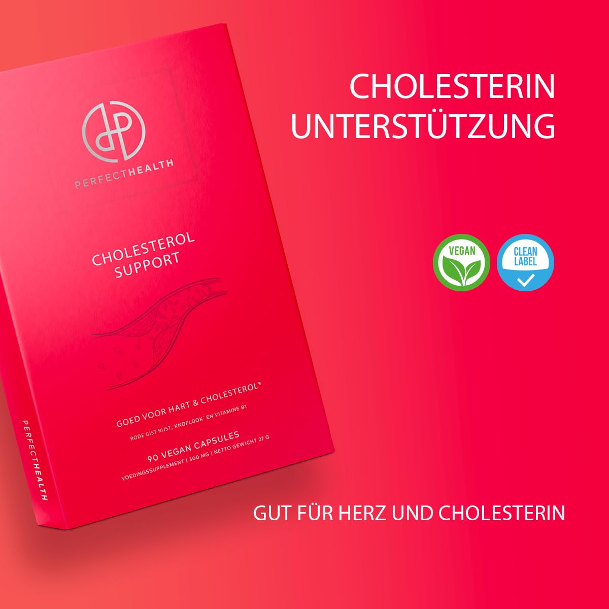 Perfect Health Vegan Rotschimmelreis Kapseln – 90 Stück Rote Hefe Reiskapseln - Cholesterinunterstützung – Co-Enzym Q10 & Knoblauchextrakt – Vitamin B1 für Herzgesundheit