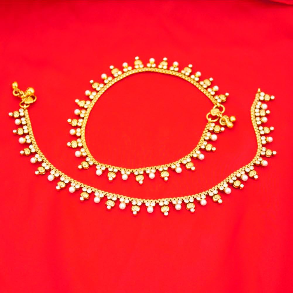 Duel On Jewel Indian Women’s Bell Chain Anklet Payal Sets, Gold-Tone with Glass Stones, Pearl, and Multicolor Charm Clusters, Easy-to-Wear S-Hook Clasp, Perfect for Bridal, Party, Beach, and Gifts